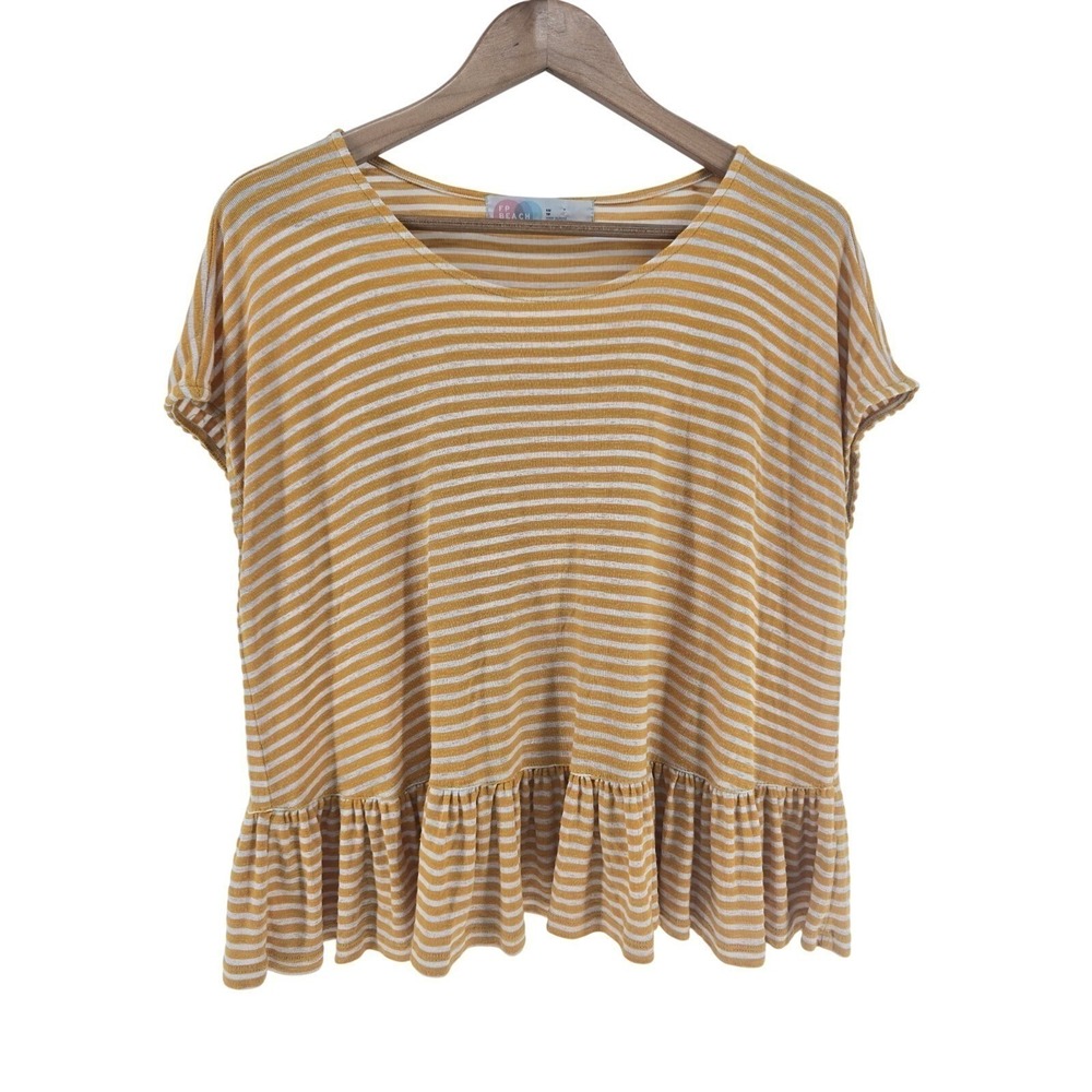 Free People Beach T-Shirt Womens XS Peplum Mustard Yellow Striped Ruffle EUC